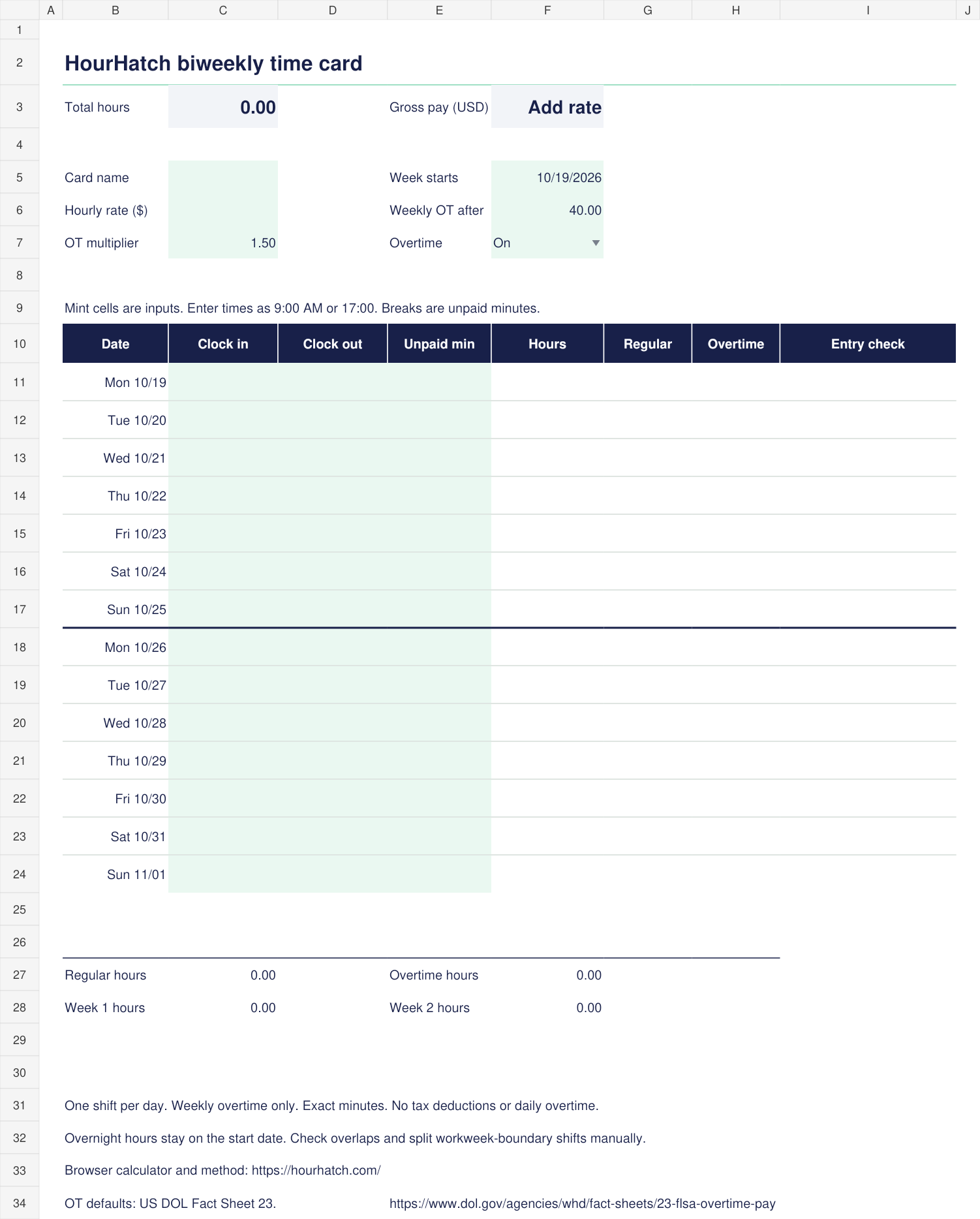 The blank biweekly Excel time card with editable inputs and calculated totals