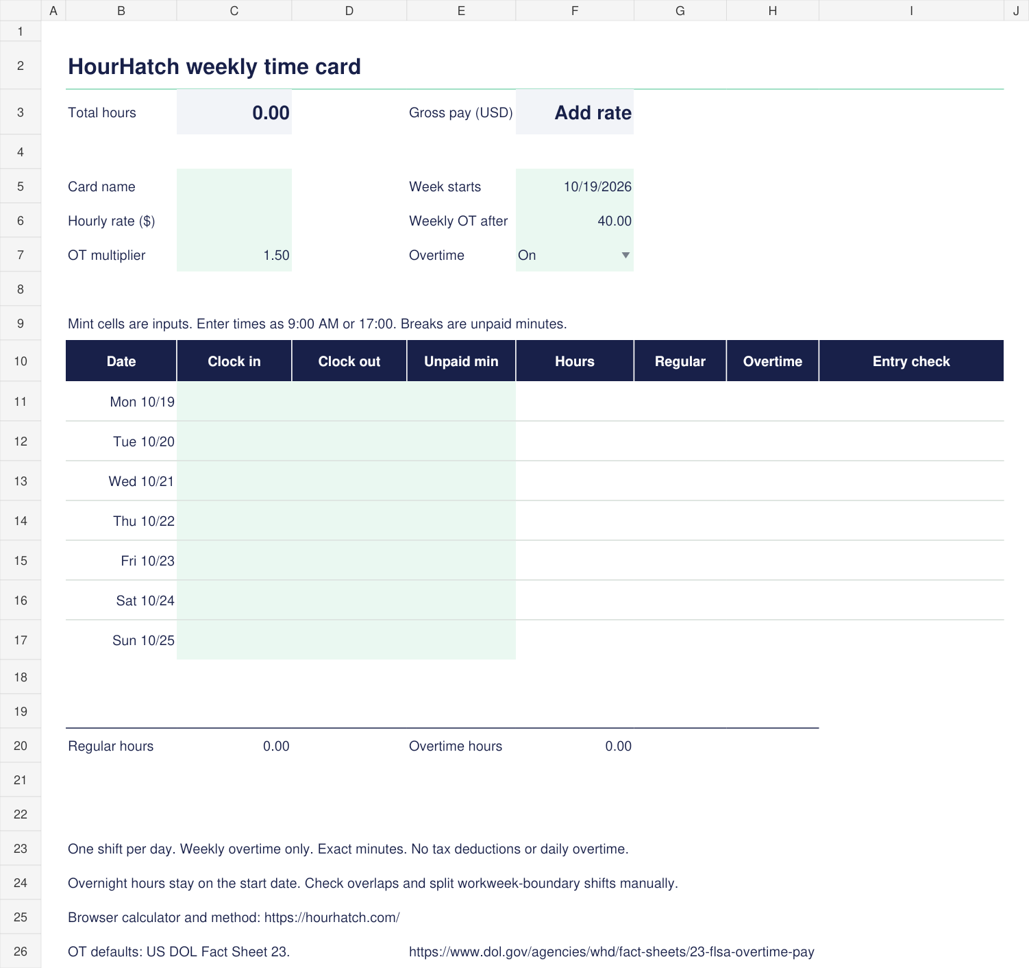The blank weekly Excel time card with editable inputs and calculated totals